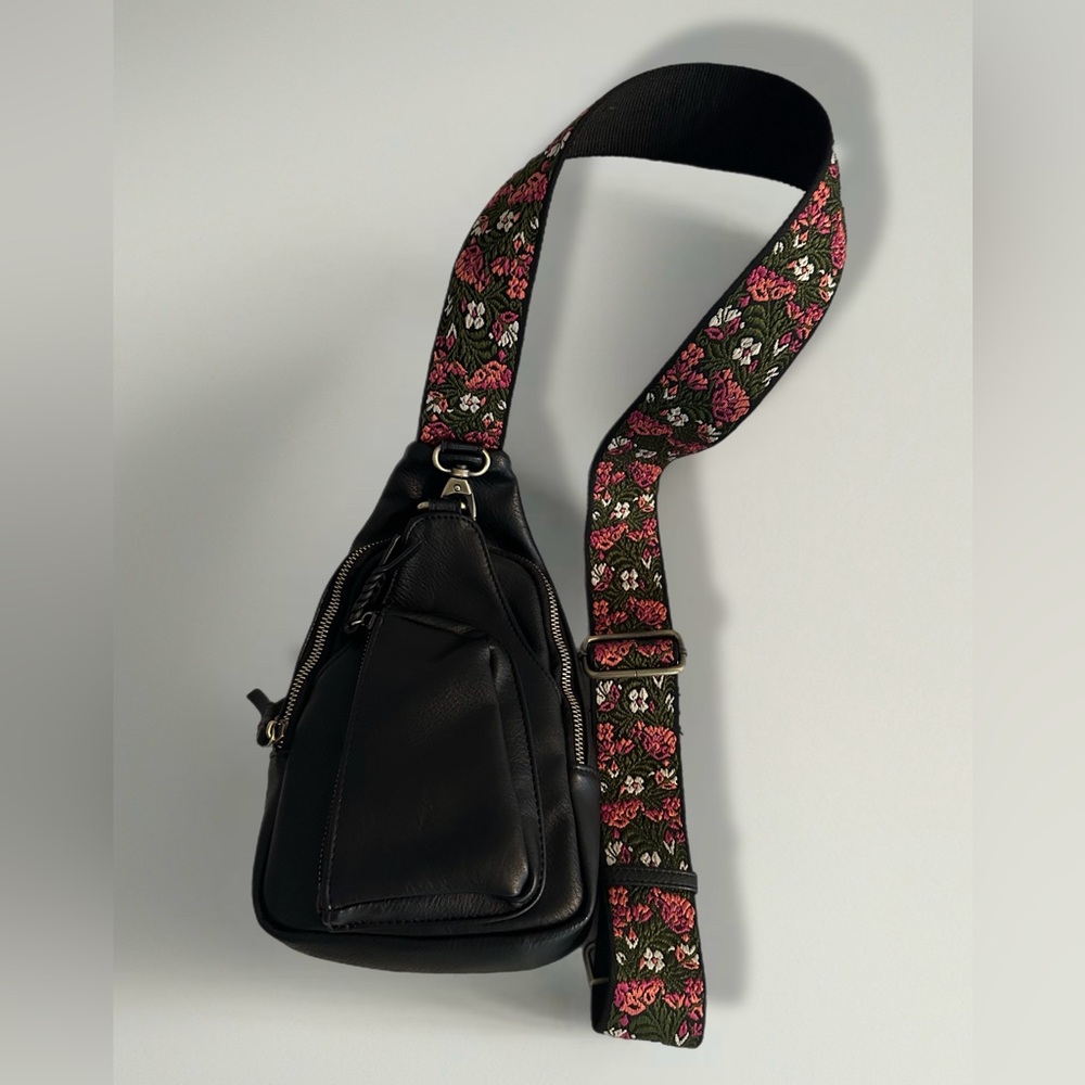 Black Sling Bag with Floral Strap